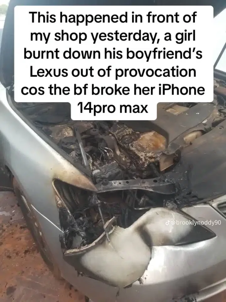 Nigerian lady sets boyfriend's car ablaze as he damages her iPhone 14 Pro Max