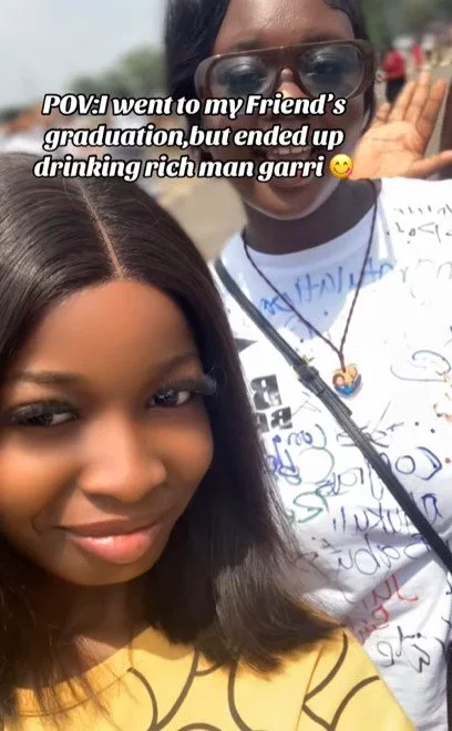 'Imagine drinking garri and you leg starts to shake' - Lady shares the 'rich man garri' she drank at her friend's sign-out party (WATCH)