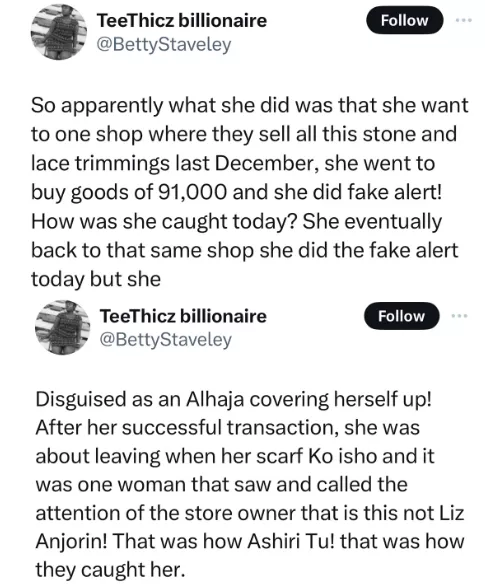 Actress Lizzy Anjorin accused of theft and using fake bank alert inside a market in Lagos