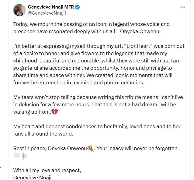 Genevieve Nnaji mourns late Onyeka Onwenu, pens touching tribute