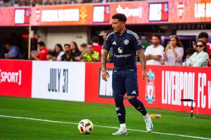 Jadon Sancho #25 of Manchester United pauses and scans the field in the second half during a game between Manchester United and Arsenal at SoFi Sta...