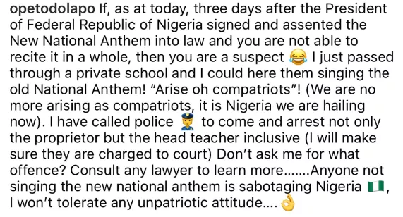 Police Officer, Dolapo Badmus, calls for the arrest of Proprietor and Head Teacher of a private school for singing the ?old? national anthem