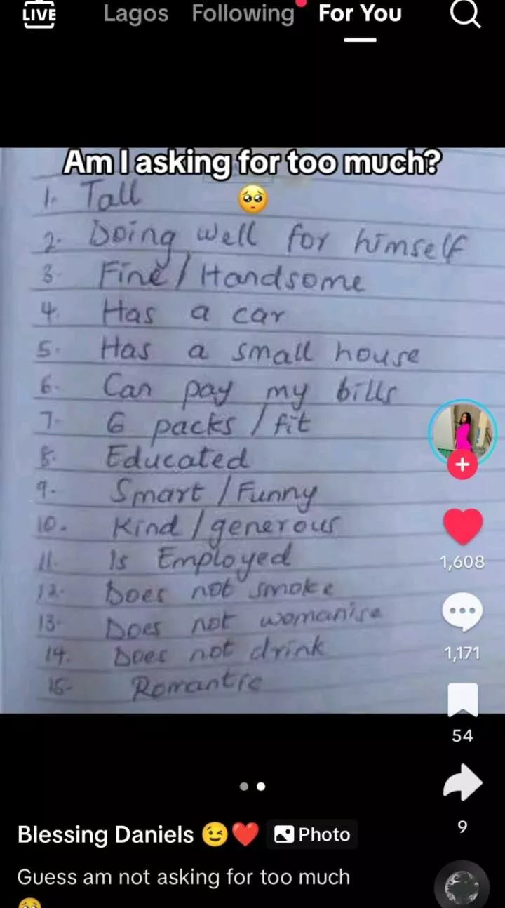 Nigerian lady boasts of her body as she lists a car, a house, and 13 other things she wants in a man