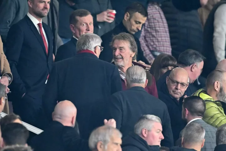 Sir Alex Ferguson greets Sir Jim Ratcliffe at a Manchester United game in November. Image: Getty