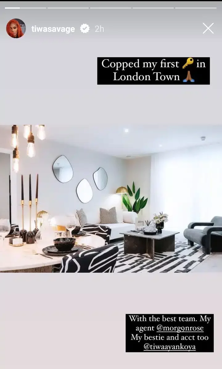 Tiwa Savage acquires first London apartment, shows off its interiors
