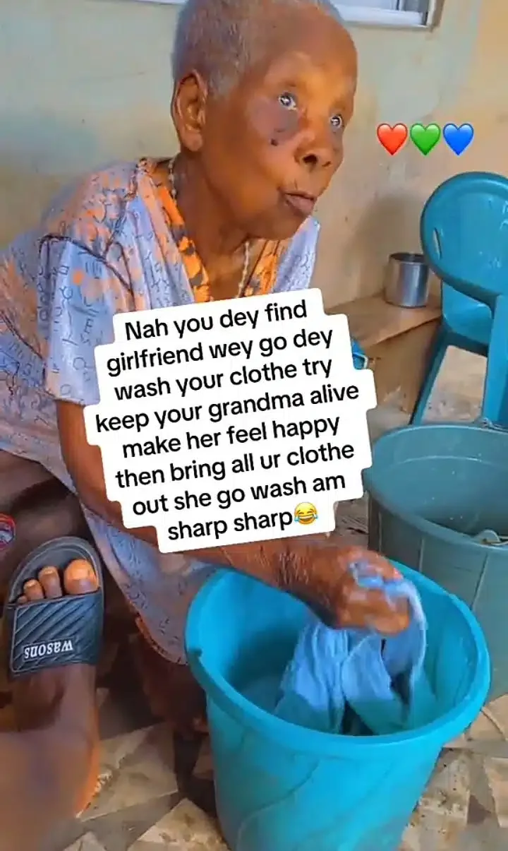 'Na you dey find girlfriend wey go d wash for you; try keep your grandma alive' - Man shares video of his granny washing his clothes