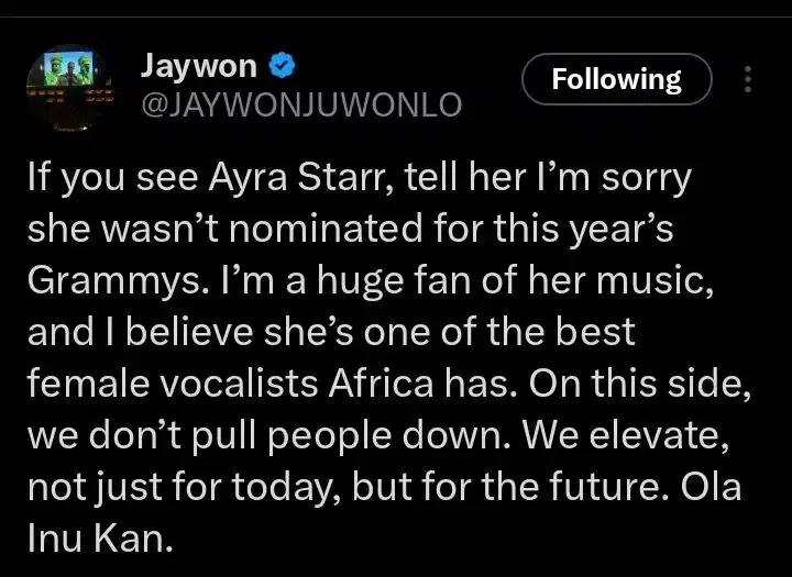 Jaywon issues apology to Ayra Starr over 2025 Grammy snub