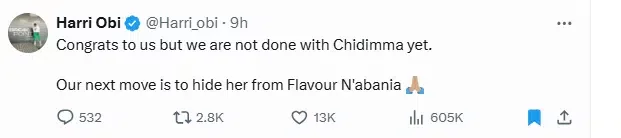 Flavour reacts as man asks Nigerians to hide Chidimma Adetshina from him