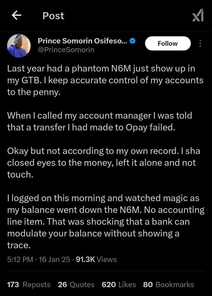 Man accuses popular bank of using his account to move money as ₦6m appears without a trace