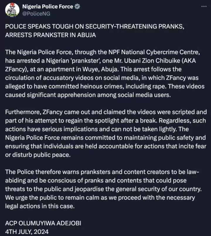 Zfancy lands in trouble, arrested by police over staged ritual prank