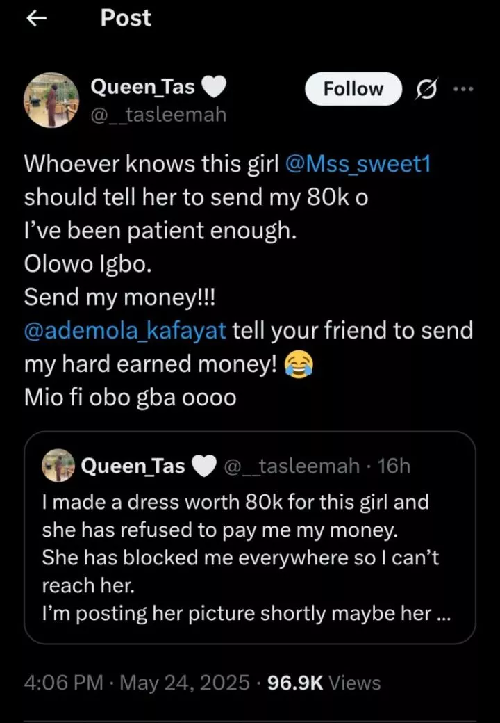 Client vanishes after collecting dress worth ₦80k, blocks fashion designer on all platforms