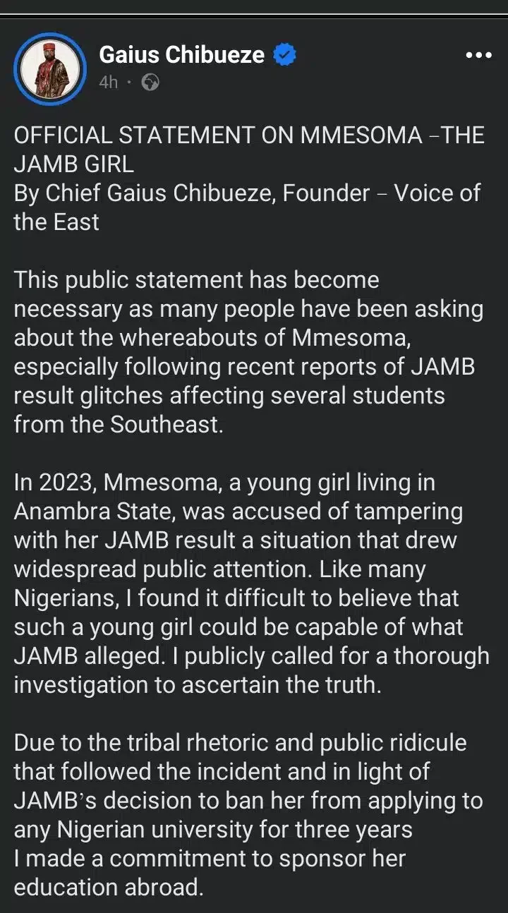 Gaius Chibueze shares update about viral UTME student, Mmesoma Ejikeme
