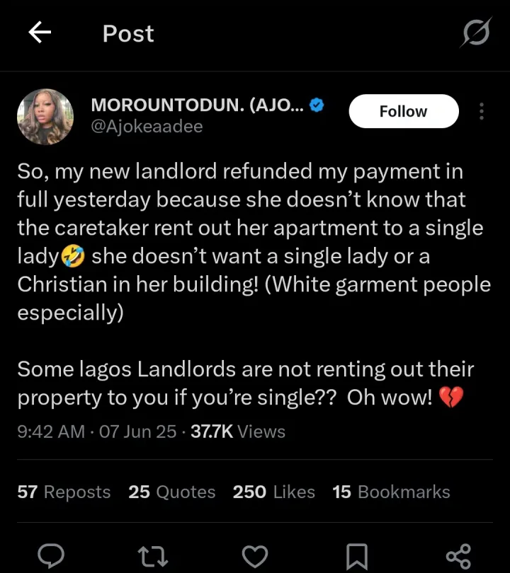 Woman cries out as landlord refunds rent over being single and Christian