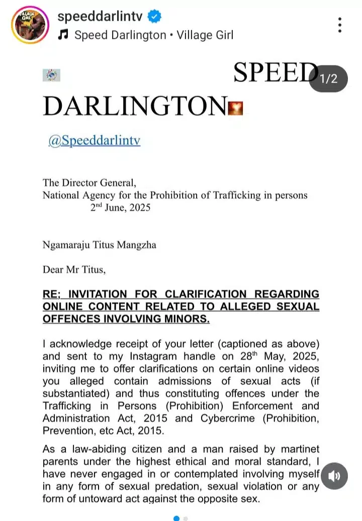 Speed Darlington reacts to NAPTIP's invitation