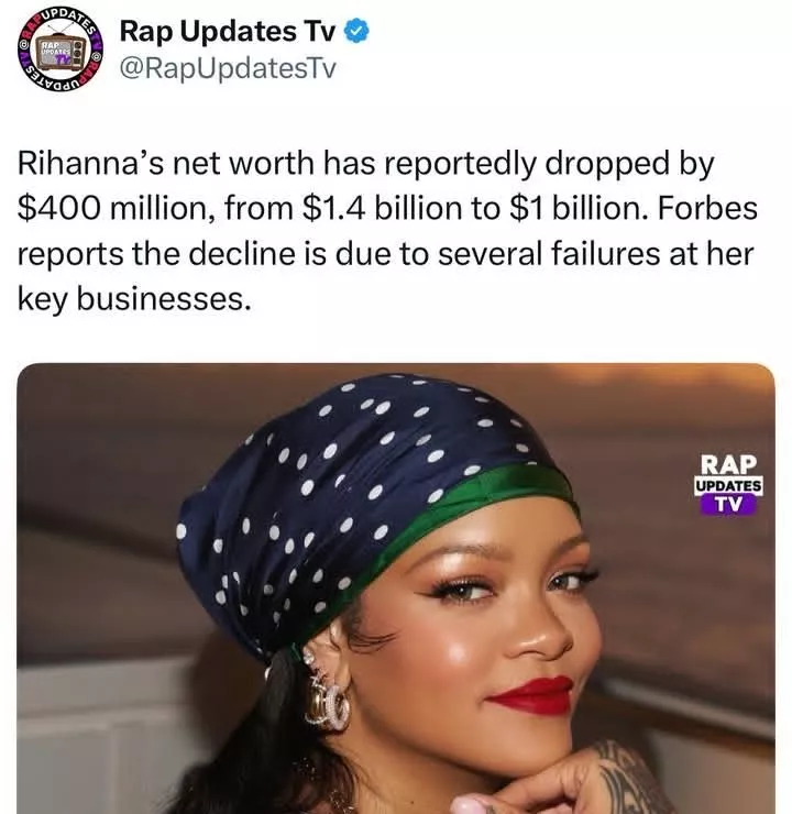 Rihanna's net worth reportedly drops by $400M