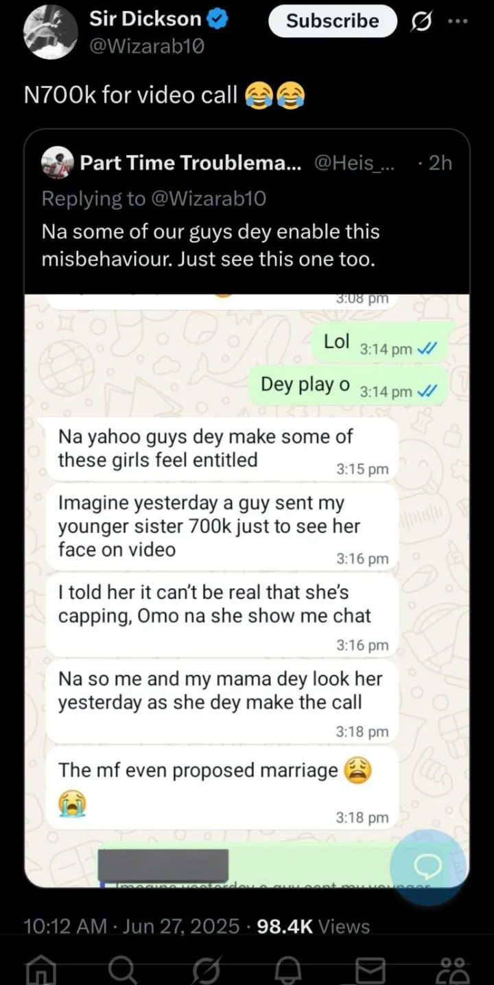 Man sends ₦700k to lady 'just to see her face' on video call
