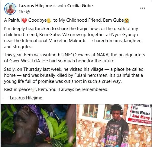 Young NECO Candidate K!lled By Suspected Herdsmen in Benue
