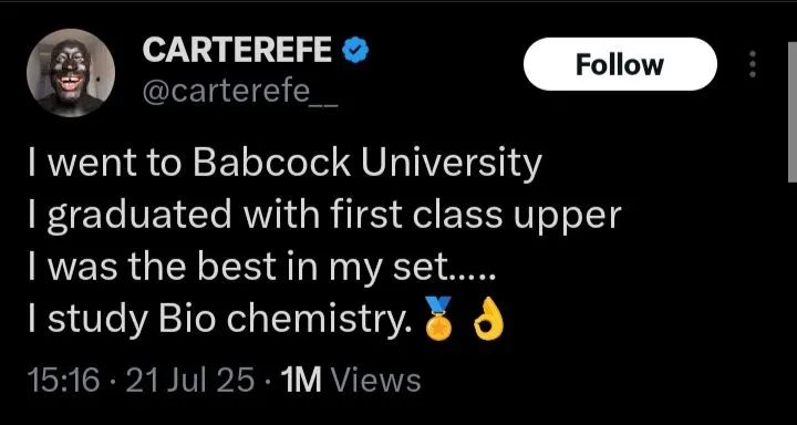 I graduated with first class upper - Carter Efe claims he was educated at Babcock university