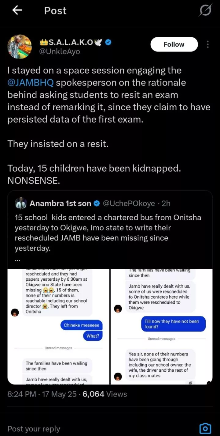 15 students, school director unreachable 24 hours after leaving Onitsha for JAMB exam in Imo
