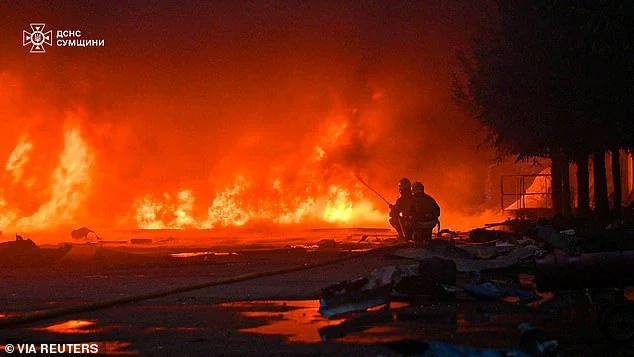 Firefighters work at the site of a private enterprise hit by a Russian drone strike, amid Russia's attack on Ukraine, on the outskirts of Sumy, Ukraine May 15, 2025