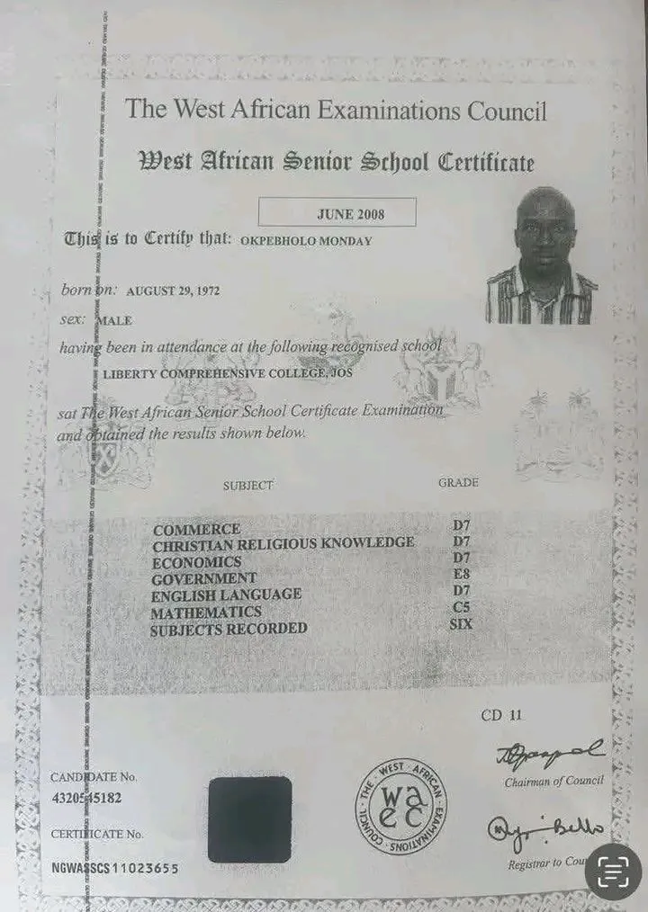 Monday Okpabelo's WAEC result emerges online