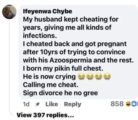 Lady shares how she cheated on her cheating husband and got pregnant after 10 years of trying to conceive