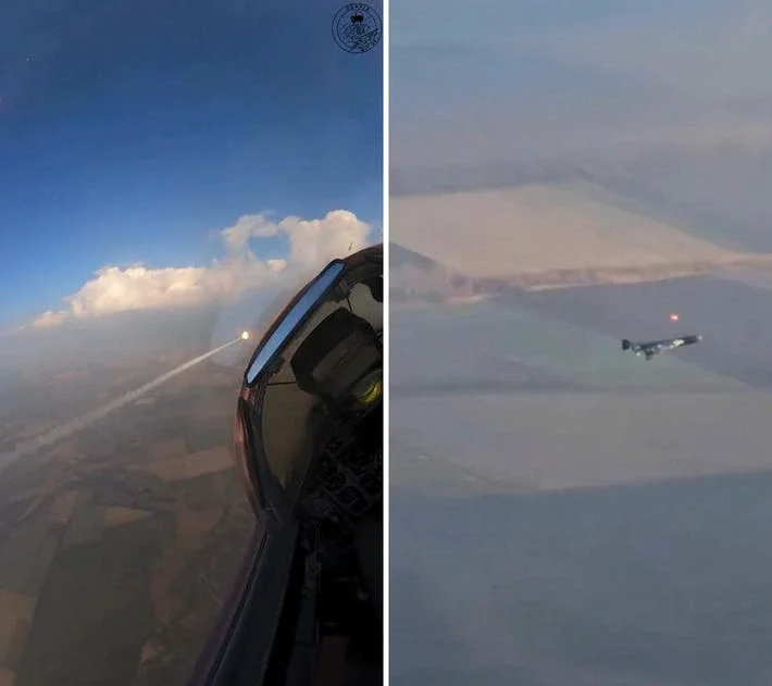 Screen captures from social media videos of Shahed drones being shot down