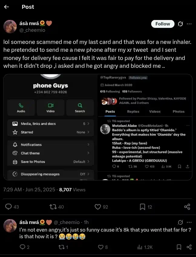 Lady cries out as man who promised to upgrade her XR blocks her after collecting ₦8k delivery fee