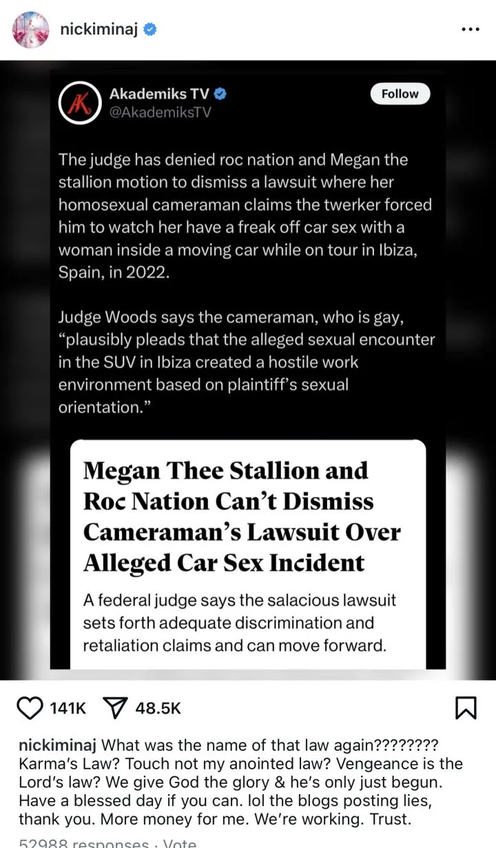 Nicki Minaj reacts as judge rules harassment lawsuit against Megan Thee Stallion will proceed