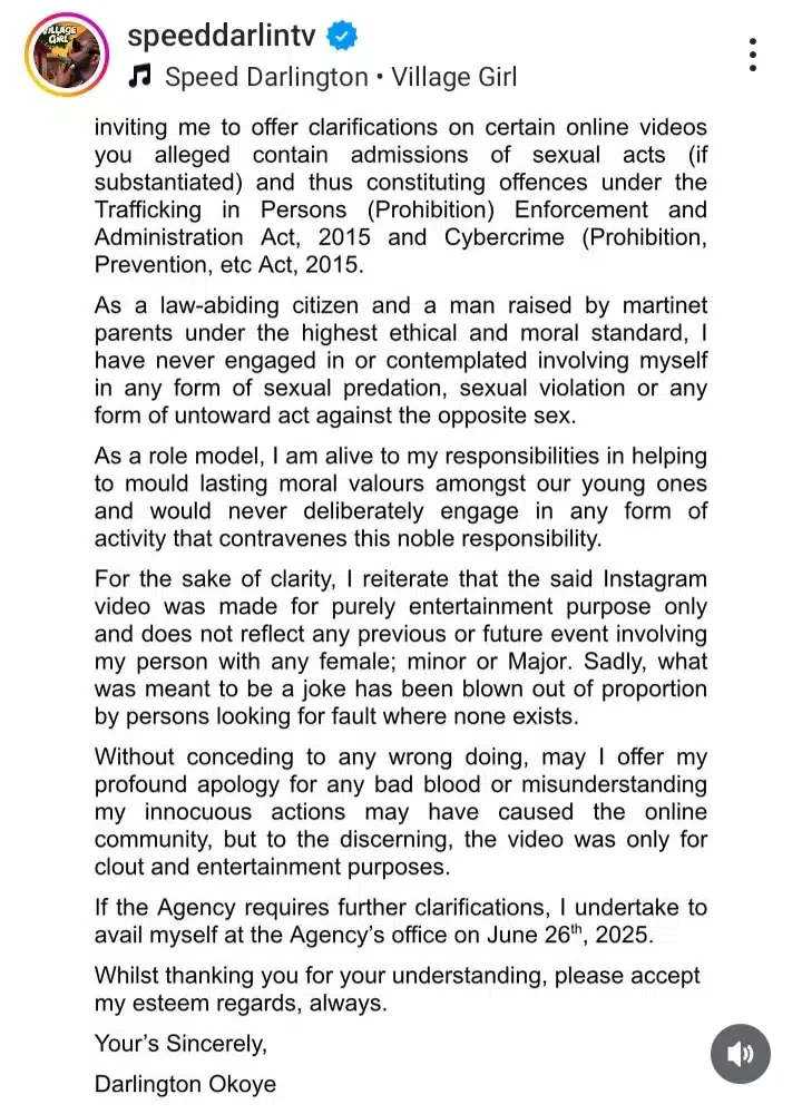 Speed Darlington reacts to NAPTIP's invitation