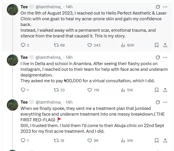 Lady accuses aesthetic clinic of permanent scar following skincare treatment
