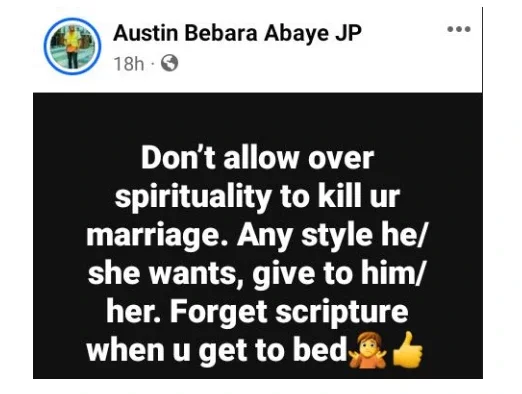 Don't Allow Over Spirituality To Kill Your Marriage, Give Your Partner Any Style He Or She Wants In Bed - Nigerian Man