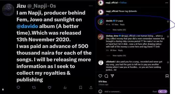 'Ur Papa' - Davido fires at music producer, Napji after he called him out over alleged unpaid royalties