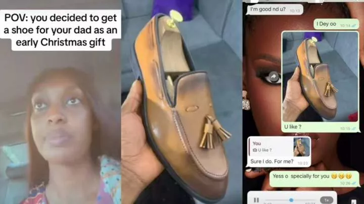 'This shoe sharp, e be like I go use am enter back street' - Man gushes as daughter buys him designer shoes