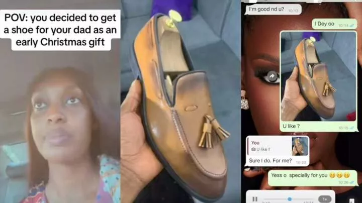 "This shoe sharp, e be like I go use am enter back street" - Man gushes as daughter buys him designer shoes