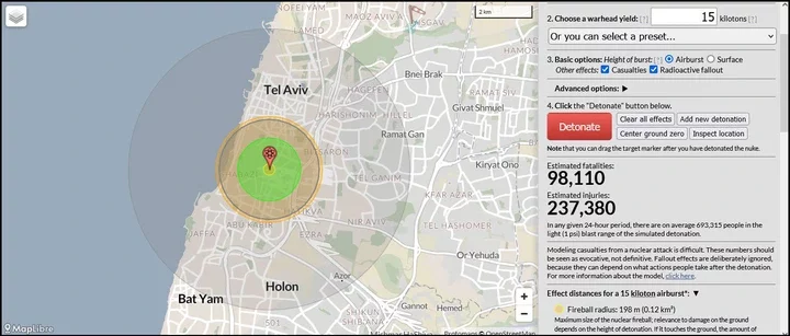 Projected Effect of 15 Kiloton Blast on Tel Aviv