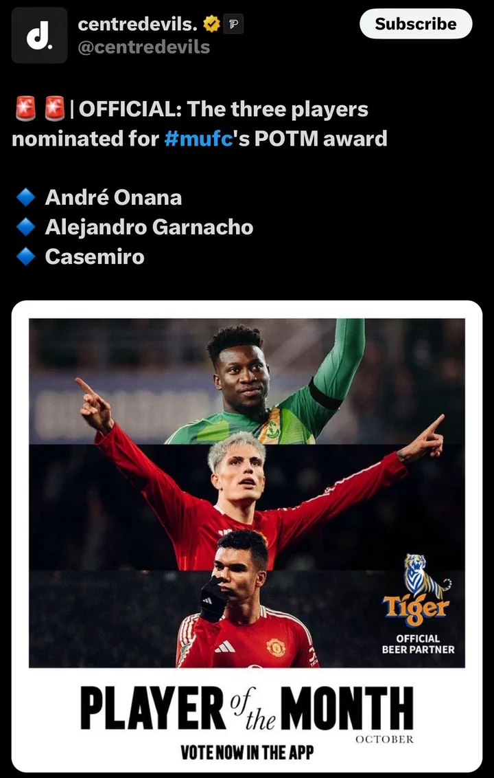 Andre Onana, Alejandro Garnacho, and Casemiro Nominated for Man United's Player of the Month Award