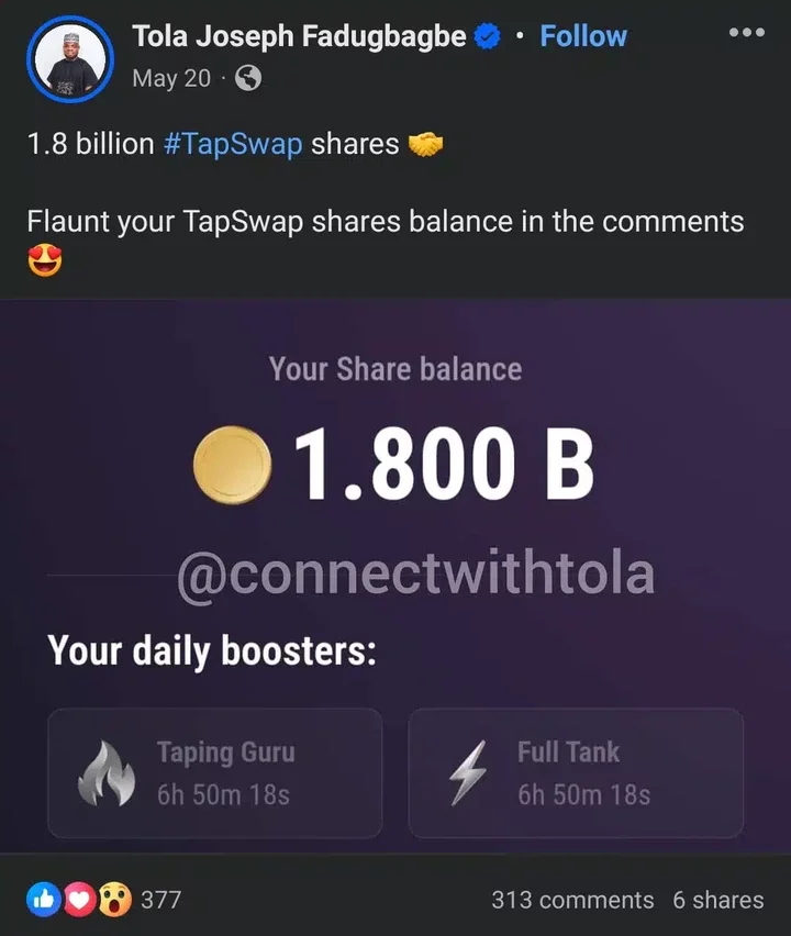 Nigerian man flaunts 1.8 billion TapSwap balance