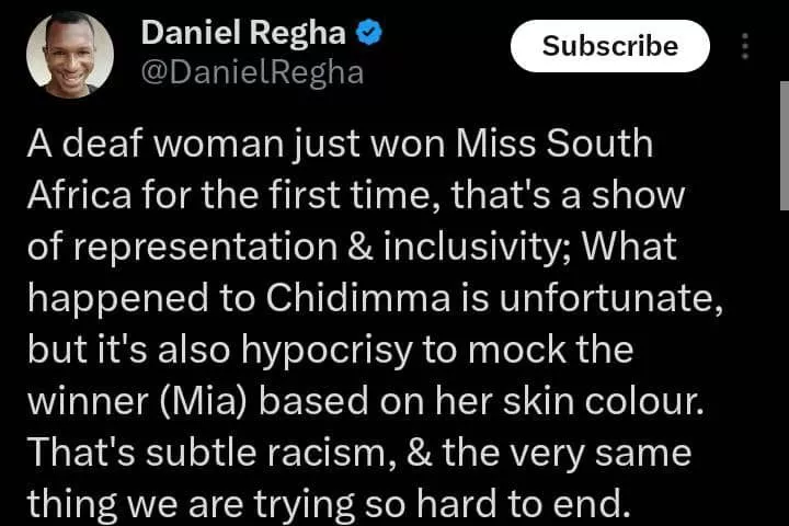 Daniel Regha knocks Burna Boy, others for mocking new Miss South Africa 2024