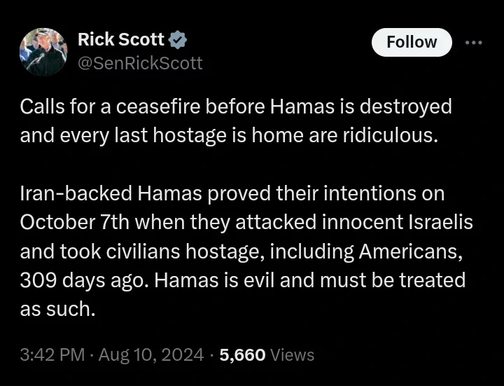 Calls For Ceasefire Before Hamas Is Destroyed and Every last Hostage Is Home Are Ridiculous-Rick Scott