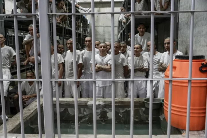 Gang members of the 'Mara Salvatrucha' and 'Barrio 18' are seen in a cell at a Terrorism Confinement Center in El Savador