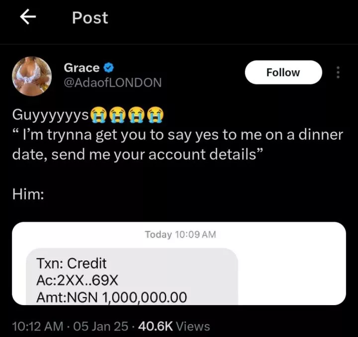 Man gives lady ₦1 million during date to get her to say 'yes' to him