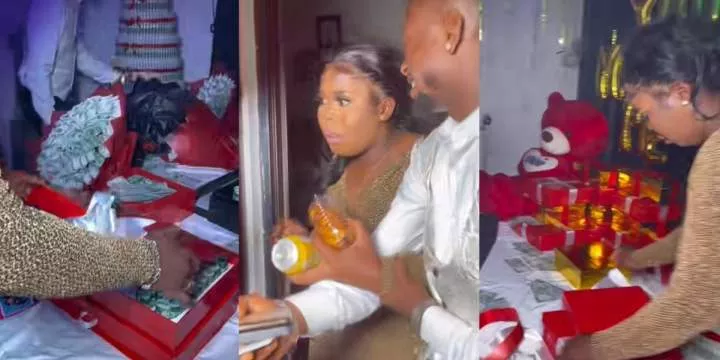 "What if she says no?" - Man proposes, presents money bouquet, shoes, bags, wigs, ₦6 million cash to girlfriend (Video)