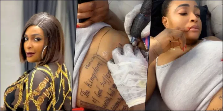 "Hope you pay for this?" - Reactions as Blessing CEO tattoos her favorite Bible verse on her stomach