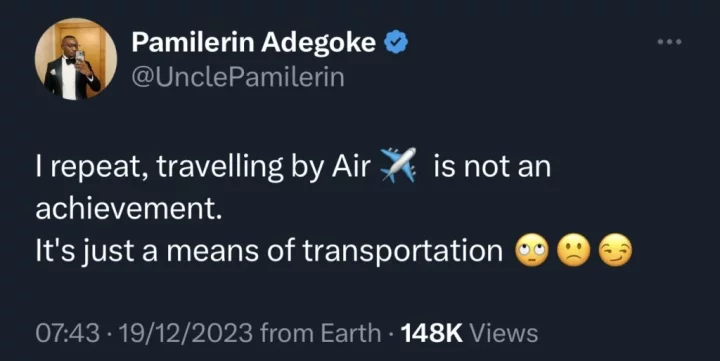 'Traveling by flight is not an achievement' - Twitter influencer warns Nigerians