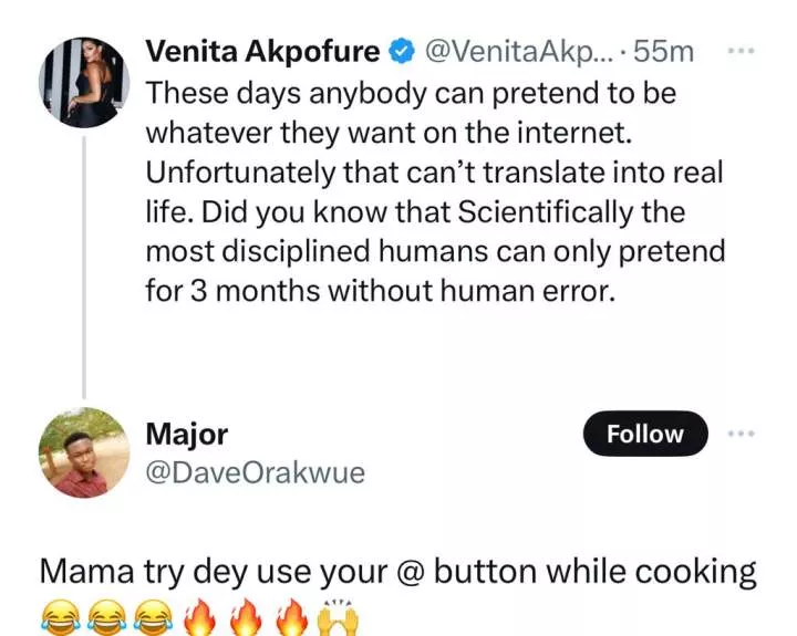 Between Reality TV star, Venita Akpofure, and an X user who asked her to be direct after she shared a post about pretenders