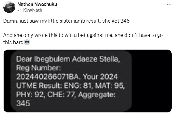 Man who placed bet with younger sister cries out after seeing her JAMB score