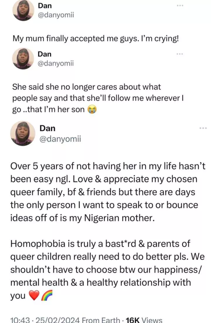 Nigerian gay rights activist, Dan Yomi, overjoyed as his mum accepts him as a gay man
