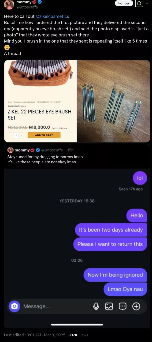 Vendor under fire as lady receives different eye brush set from advertised product