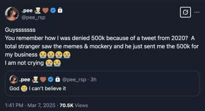 Lady rejoices as stranger gifts her N500K after Zlatan Ibile denied her giveaway